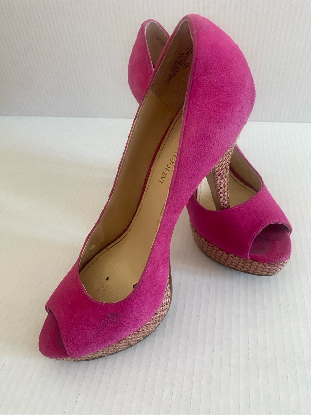 ENZO ANGIOLINI FUSCHIA Pink Suede Peep-Toe Sky 5” High Heels Size 7